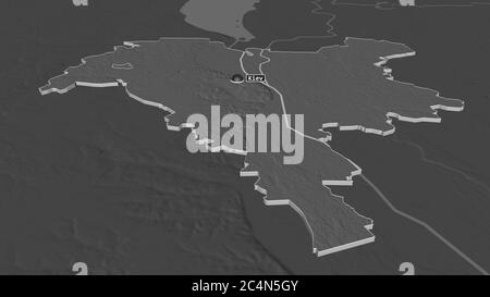 Ingrandisci la città di Kiev (città indipendente dell'Ucraina) estrusa. Prospettiva obliqua. Mappa di elevazione bilivello con acque di superficie. Rendering 3D Foto Stock