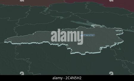 Ingrandisci Kirovohrad (regione Ucraina) estruso. Prospettiva obliqua. Mappa colorata e bombata della divisione amministrativa con acque superficiali. 3D Foto Stock