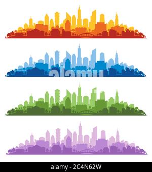 Set di illustrazioni vettoriali con paesaggi urbani di più colori su sfondo bianco Illustrazione Vettoriale