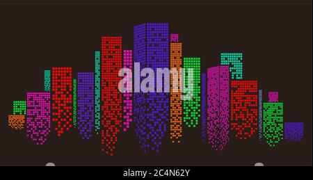 Edifici per uffici multicolore silhouette della città moderna su sfondo nero, illustrazione vettoriale Illustrazione Vettoriale