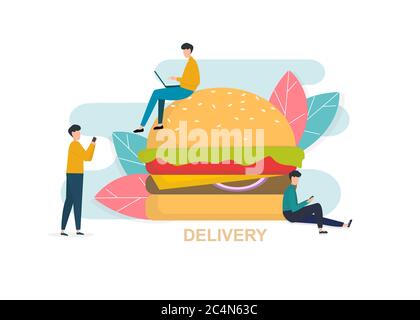 Hamburger grande e persone con gadget intorno, immagine creativa Illustrazione Vettoriale