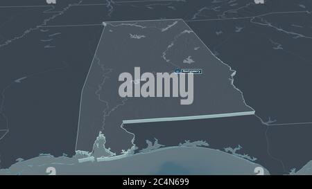 Ingrandisci l'estrusione dell'Alabama (stato degli Stati Uniti). Prospettiva obliqua. Mappa colorata e bombata della divisione amministrativa con acque superficiali. Foto Stock