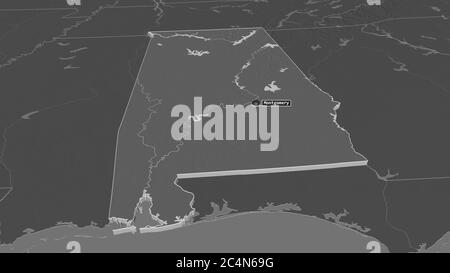 Ingrandisci l'estrusione dell'Alabama (stato degli Stati Uniti). Prospettiva obliqua. Mappa di elevazione bilivello con acque di superficie. Rendering 3D Foto Stock