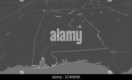 Ingrandisci Alabama (stato degli Stati Uniti) delineato. Prospettiva obliqua. Mappa di elevazione bilivello con acque di superficie. Rendering 3D Foto Stock