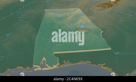 Ingrandisci l'estrusione dell'Alabama (stato degli Stati Uniti). Prospettiva obliqua. Mappa topografica dei rilievi con acque superficiali. Rendering 3D Foto Stock