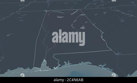 Ingrandisci Alabama (stato degli Stati Uniti) delineato. Prospettiva obliqua. Mappa colorata e bombata della divisione amministrativa con acque superficiali. Foto Stock