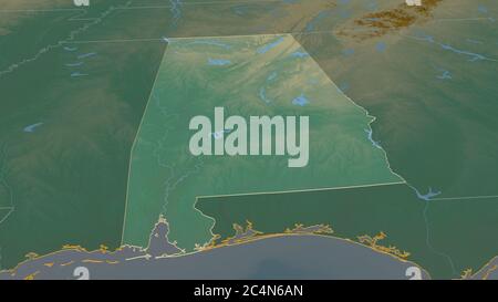 Ingrandisci Alabama (stato degli Stati Uniti) delineato. Prospettiva obliqua. Mappa topografica dei rilievi con acque superficiali. Rendering 3D Foto Stock