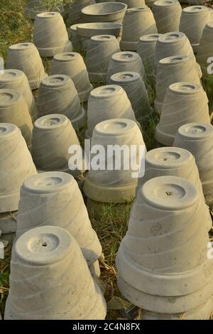 Pot di fiore messo in file per asciugare dal produttore in India. Foto Stock