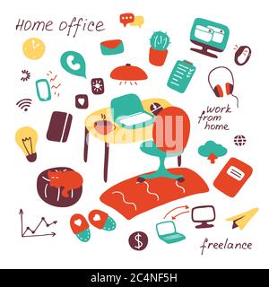 Lavoro e studio a casa. Freelance, home Office, home from home concept. Luogo di lavoro per lavoro remoto. Set di elementi piatti disegnati a mano. Illustri vettore Illustrazione Vettoriale