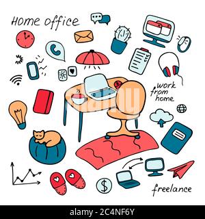 Lavoro da casa, freelance, concetto di home Office. Set di icone piatte disegnate a mano. Illustrazione vettoriale. Illustrazione Vettoriale