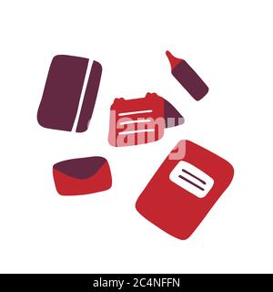 Doodle icone di cancelleria. Quaderno, calendario, blocco note, busta e pennarello disegnati a mano. Immagine piatta vettoriale. Illustrazione Vettoriale