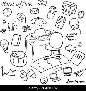 Lavoro da casa. Set di doodle disegnati a mano a casa, business, icone spazio di lavoro. Concetto di lavoro remoto per freelance. Iscrizioni - Ufficio domestico, freelance, lavoro Illustrazione Vettoriale