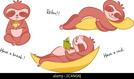 Carino personaggio di cartoni animati sloth. Avere un concetto di riposo o di pausa con le sloths dormire, leggere e bere succo. Illustrazione vettoriale. Design piatto Illustrazione Vettoriale