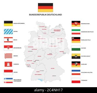 Mappa amministrativa vettoriale della Repubblica federale di Germania con le bandiere degli stati federali Illustrazione Vettoriale