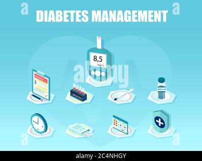 Set di icone per la gestione e la diagnosi del diabete. Vettore del glucometro nel sangue, pillole, siringhe, flaconcino di insulina, assicurazione della carta d'identità del paziente Illustrazione Vettoriale