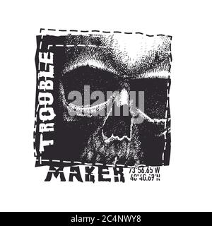 Cranio. Illustrazione disegnata a mano con typo per t-shirt. Illustrazione Vettoriale