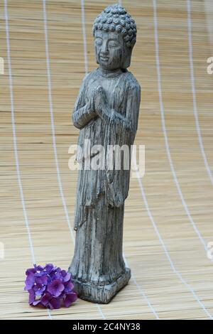 Primo piano di una statua di Buddha con fiori di petalo viola Foto Stock