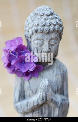 Primo piano di una statua di Buddha con fiori di petalo viola Foto Stock