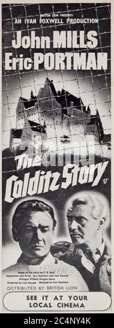 Pubblicità vintage per la pubblicazione del film 'The Colditz Story' nel 1955, con Eric Portman e John Mills e distribuito da British Lion. Foto Stock