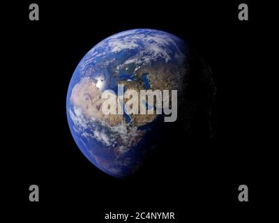 Pianeta Terra. La Terra guarda il globo dallo spazio cosmico. illustrazione 3d Foto Stock
