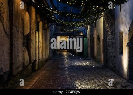 Vista notturna del passaggio di Santa Caterina a Tallinn, Estonia, un passaggio medievale che contiene alcuni dei resti di un monastero domenicano nel ic Foto Stock