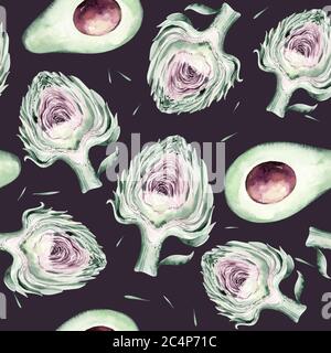 verdure acquerello motivo senza cuciture di avocado fresco e carciofo. Tessuto vegetariano natura sfondo illustrazione Foto Stock