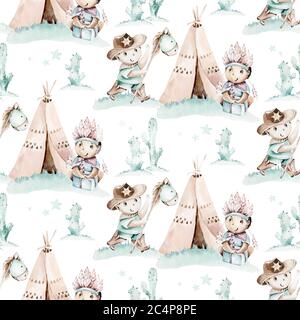 Western baby boy cowboy modello senza cuciture e tenda teepee illustrazione acquerello. Cartoon e tribù americane teepee nurseru design. Ovest selvaggio Foto Stock