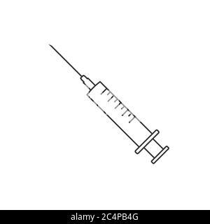 Siringa con icona a linea dell'ago. Concetto di trattamento medico. Iniezione intramuscolare, ipodermica o endovenosa. Concetto di vaccinazione. Contorno nero Illustrazione Vettoriale