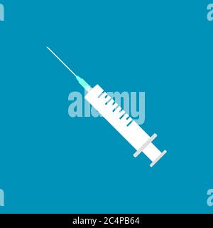 Siringa con ago su sfondo blu. Icona vaccino. Concetto di iniezione intramuscolare o endovenosa. Trattamento medico o uso di farmaci concetto. Vettore Illustrazione Vettoriale