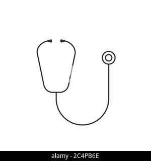 Semplice icona a linea stetoscopio su sfondo bianco. Profilo nero sottile. Cardiologia e concetto di pulmonologa. Strumento diagnostico medico per cuore e polmoni. Illustrazione Vettoriale