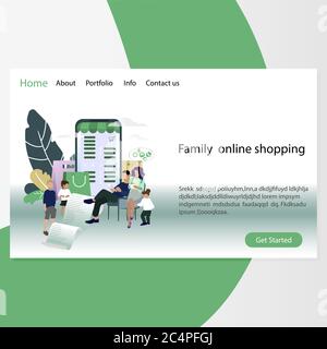 Shopping online per famiglie, modello di pagina del sito Web. Madre padre e bambini che scelgono le merci nel mercato del Internet. Vendita al dettaglio via Web insieme. Illusione vettoriale Illustrazione Vettoriale