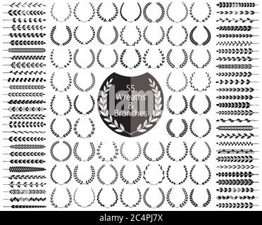 55 corone e rami. Illustrazione vettoriale. Collezione di corone. Illustrazione Vettoriale