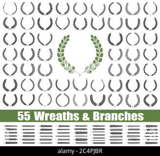 55 corone e rami. Illustrazione vettoriale. Collezione di corone Laurel. Illustrazione Vettoriale