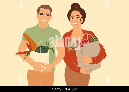 Ritratto di un giovane uomo e donna in piedi con borse per la spesa con alimentari freschi sullo sfondo. Illustrazione vettoriale in stile cartoon piano Illustrazione Vettoriale