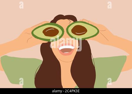 Illustrazione di una giovane donna sorridente che nasconde gli occhi con avocado affettato su sfondo giallo. Concetto di vegetarianismo, alimentazione sana, cura della pelle e benessere Illustrazione Vettoriale