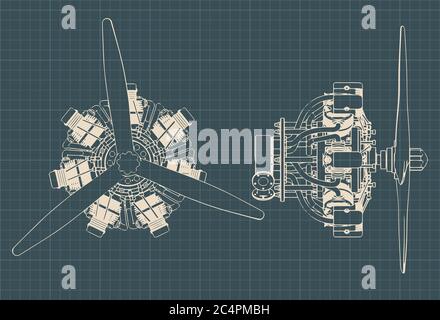 Illustrazione vettoriale stilizzata dei disegni del motore radiale a 7 cilindri Illustrazione Vettoriale