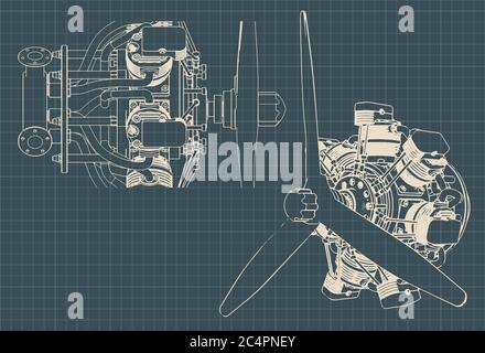 Illustrazione vettoriale stilizzata dei disegni del motore radiale a 7 cilindri Illustrazione Vettoriale