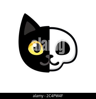 Testa nera del gatto del cartone animato con metà cranio, illustrazione carina del gatto di Schrodinger, mezzo morto e vivo. Divertente design di clip art di Halloween. Illustrazione Vettoriale