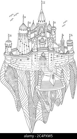 Libro da colorare per adulti con castello fantasy su un'isola volante Illustrazione Vettoriale