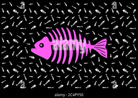 Splendido sfondo con silhouette rosa di scheletro piranha e motivo bianco con altre ossa di pesce su sfondo nero Illustrazione Vettoriale