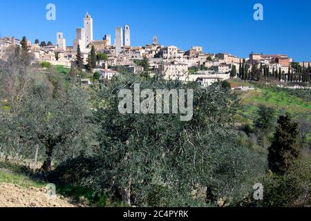 Vista sulla collina medievale di San Gimignano in Toscana Foto Stock