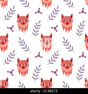 Motivo senza cuciture con simpatici cartoni animati volpe e piante. Personaggio Woodland su sfondo bianco. Illustrazione vettoriale. Illustrazione Vettoriale