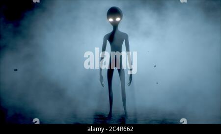 Spaventoso alieno grigio cammina e sembra lampeggiare su uno sfondo scuro fumoso. Concetto futuristico UFO. Rendering 3D Foto Stock