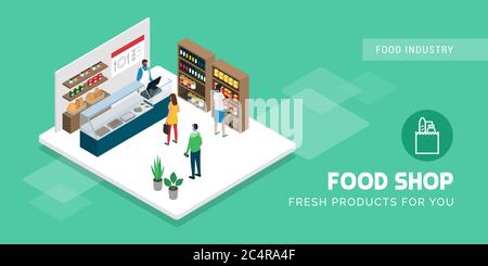 La gente che fa la spesa della drogheria al deposito di cibo, concetto di vendita al dettaglio di cibo Illustrazione Vettoriale