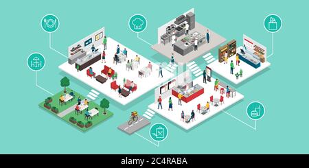 Infografica isometrica per l'industria alimentare e dei ristoranti e dei punti vendita al dettaglio: Ristorante, fast food, cucina professionale, negozio di alimentari e consegna di cibo Illustrazione Vettoriale