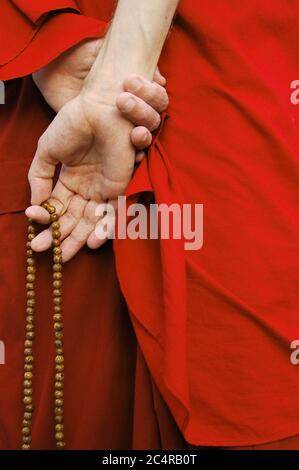 Sangpo, un monaco tibetano tedesco, visita il monumento buddista dell'VIII secolo di Borobudur nel centro di Giava con il suo insegnante di Lhasa. Esiliato a Dharamsala quando i cinesi si trasferirono in Tibet, il suo insegnante è quasi vecchio come Dalai lama. Notando le statue Buddha 'senza testa' a Borobudur, l'insegnante osserva: 'Bad Karma'. Foto Stock