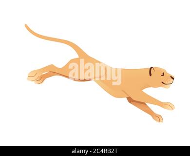 Leonessa adulta jumping africano selvaggio predatorio gatto femmina leone cartoon cute animale disegno piatto vettore illustrazione isolato su sfondo bianco Illustrazione Vettoriale