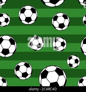 Motivo senza cuciture di grandi palline da calcio su sfondo a righe in colori verdi Illustrazione Vettoriale