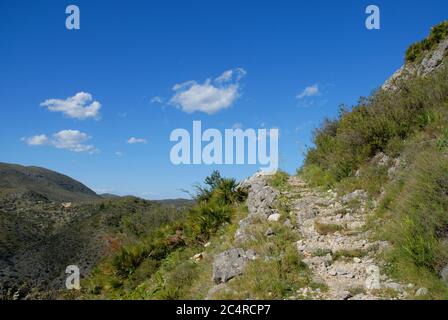 Storica mulattiera mozarabica nella Vall de Laguart, provincia di Alicante, Spagna. I sentieri a gradini, zigzag, sono ora un percorso escursionistico popolare. Foto Stock