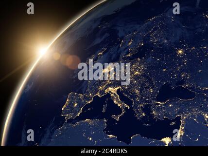 Pianeta Terra di notte, vista delle luci della città che mostrano l'attività umana in Europa e Medio Oriente dallo spazio. Mappa del mondo su globo scuro all'alba su satellito Foto Stock
